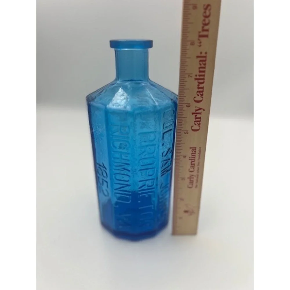 Wheaton Blue Glass A. Lancaster Indian Vegetable Jaundice Bitters Bottle 1852